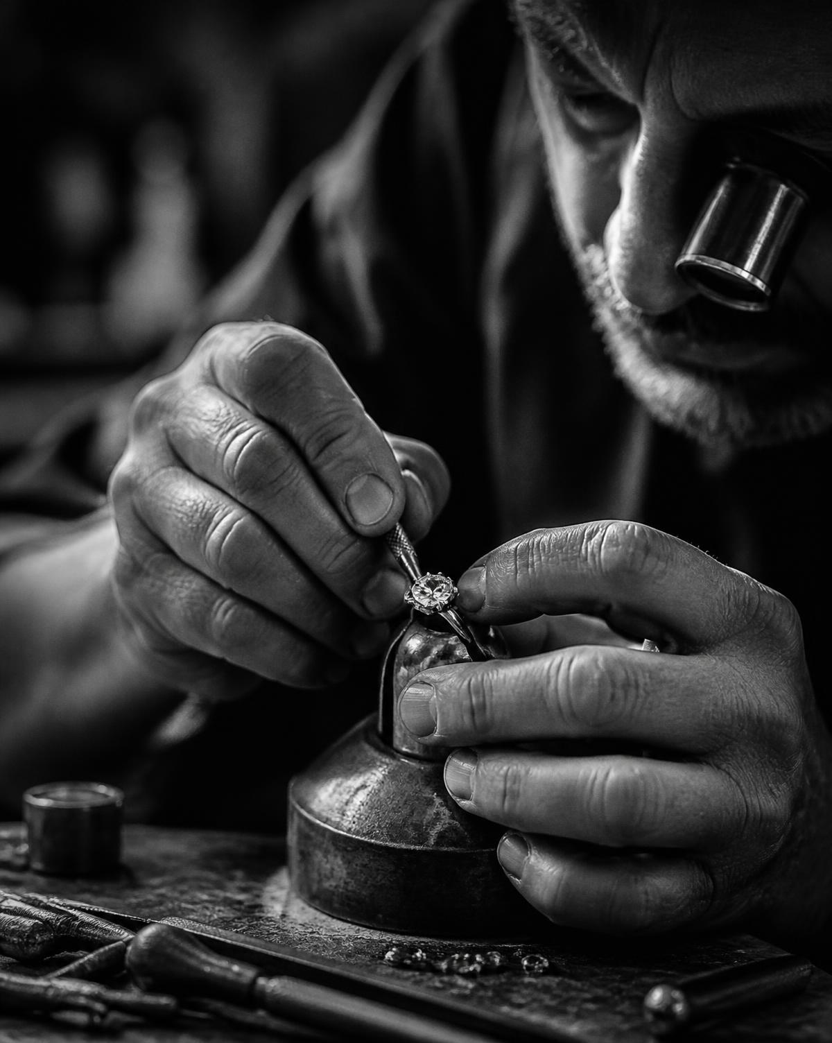 Master jeweller hand-setting a diamond at the Luxverra workbench