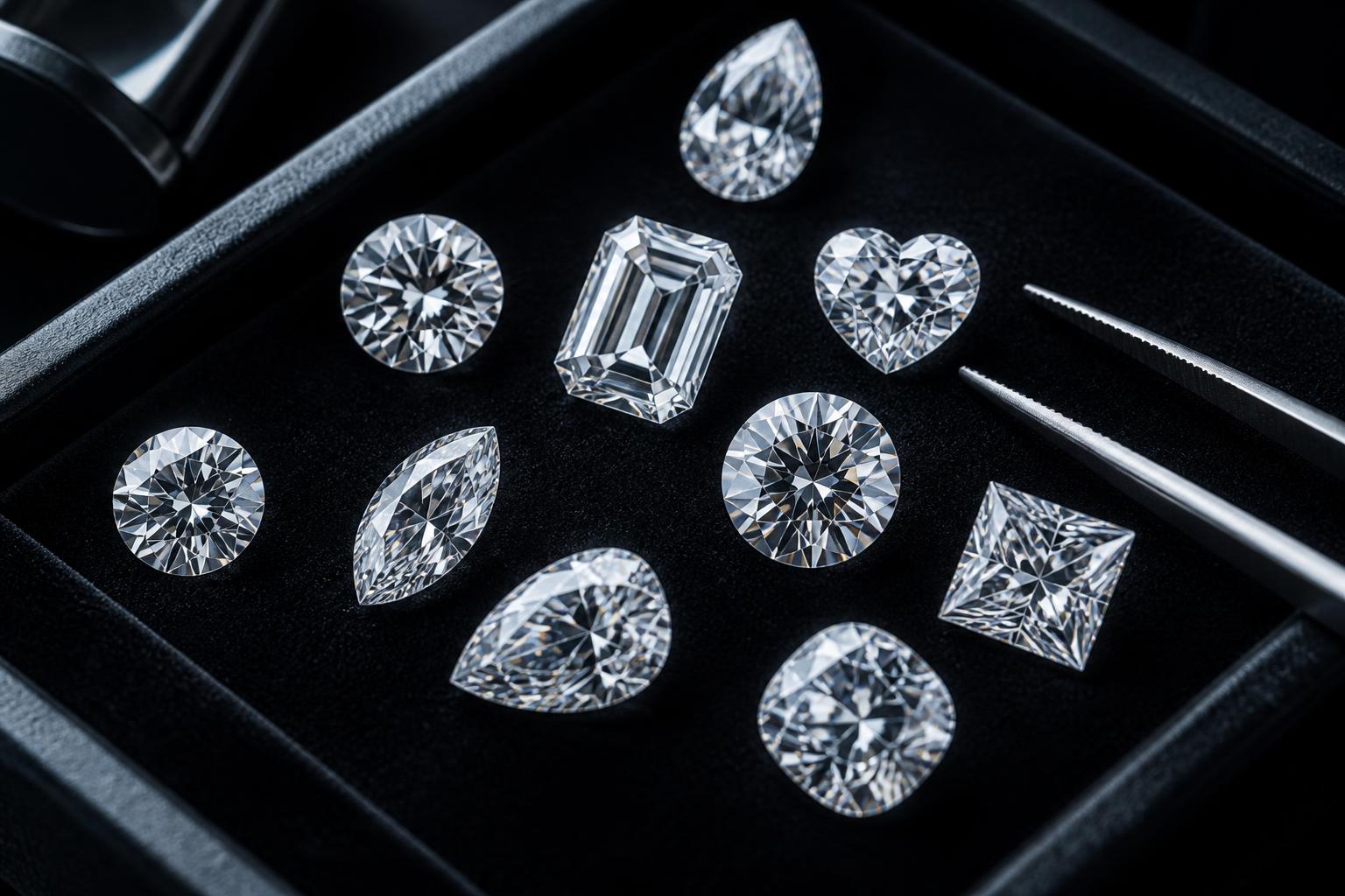 Loose lab-grown diamonds in round, emerald, pear, marquise and princess cuts on a black velvet tray