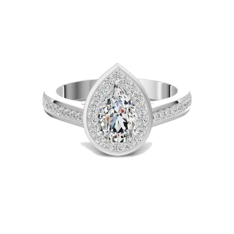Channel Pave Halo Accented Pear Cut Engagement Ring