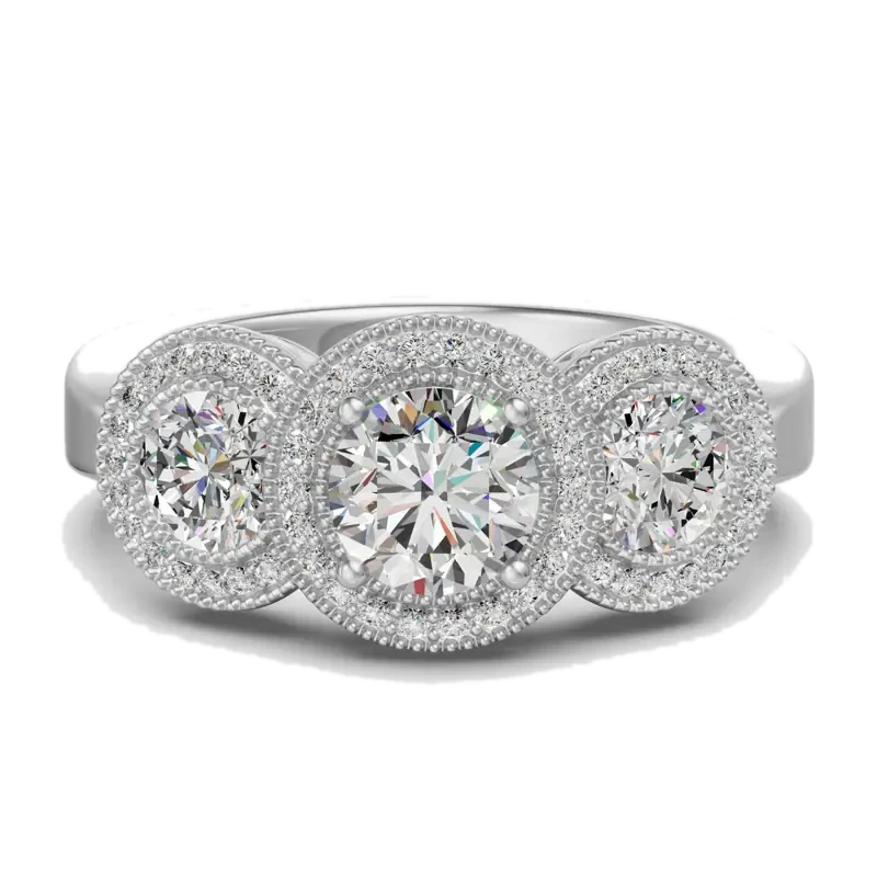 Three Stone Halo Classic Engagement Ring 1.00 ct