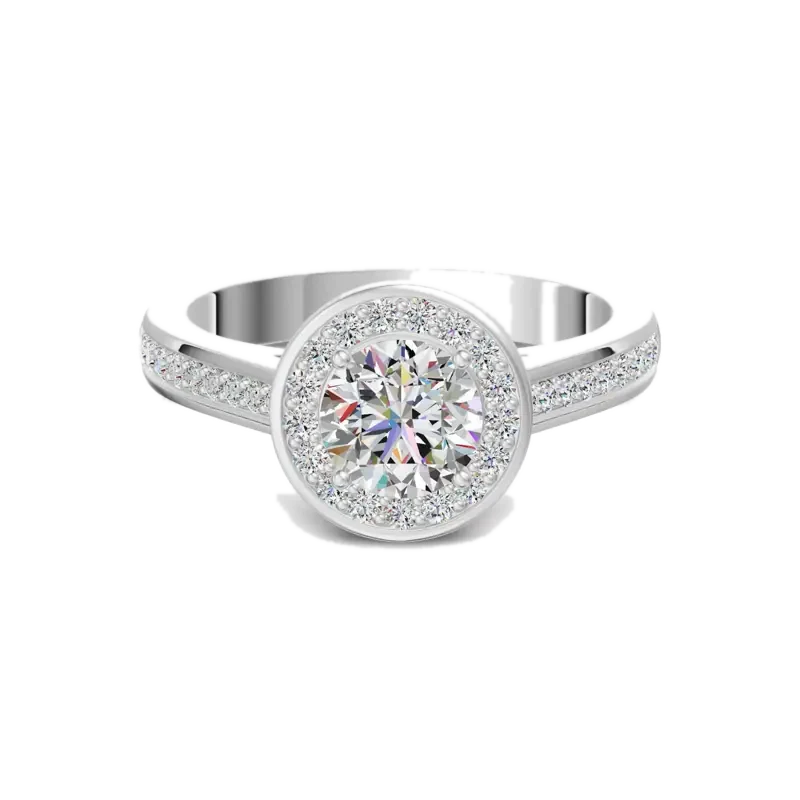 Channel Pave Halo Accented Round Cut Engagement Ring