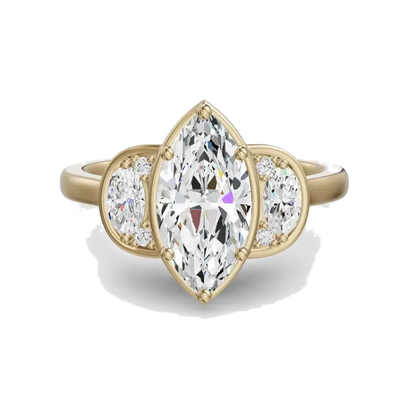Three Stone Half Moon Marquise Cut Engagement Ring