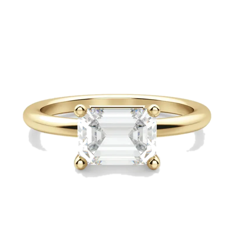 East West Classic Basket Emerald Cut Engagement Ring