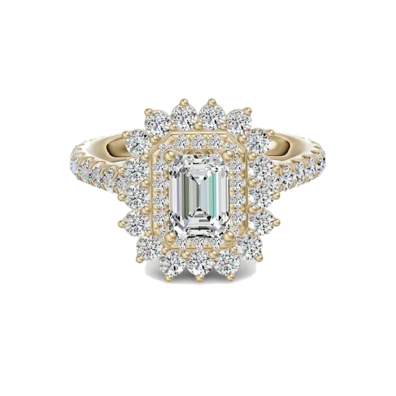Double Halo Accented Emerald Cut Engagement Ring