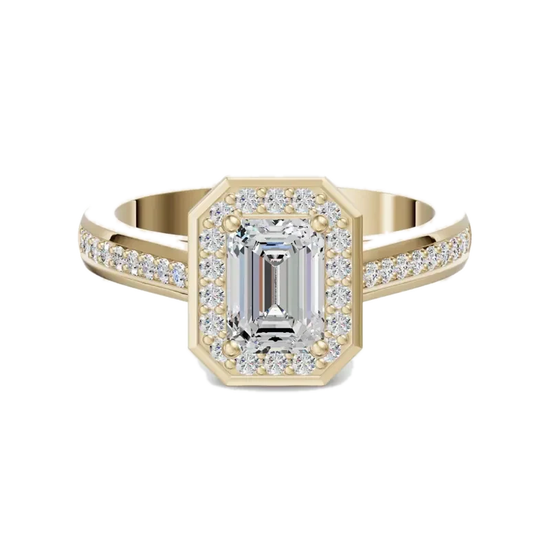 Channel Pave Halo Accented Emerald Cut Engagement Ring