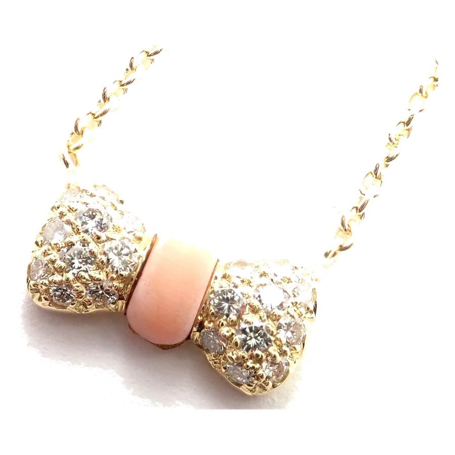 Van Cleef & Arpels 18k Yellow Gold Diamond Coral Bow Pendant Necklace
