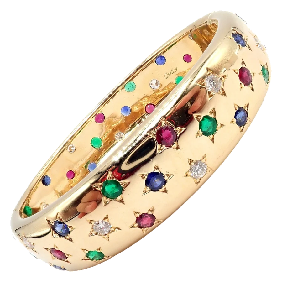 Cartier Star 18k Yellow Gold Diamond Ruby Emerald Sapphire Bangle Bracelet Cert
