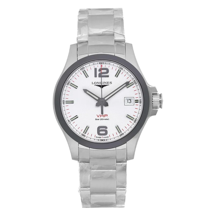Longines Conquest V.H.P. 41mm Steel Ceramic Silver Dial Mens Watch L3.719.4.76.6