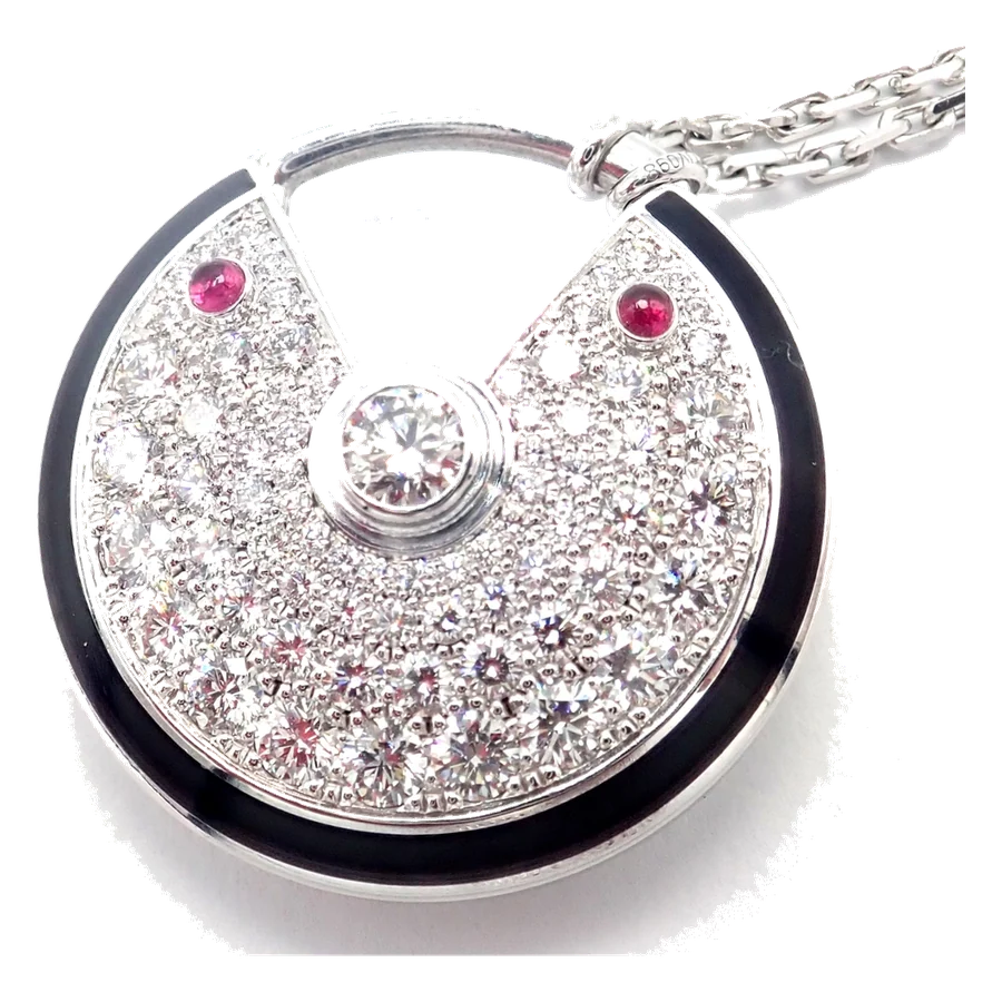 Cartier Amulette 18k White Gold Diamond Ruby Large Pendant Necklace