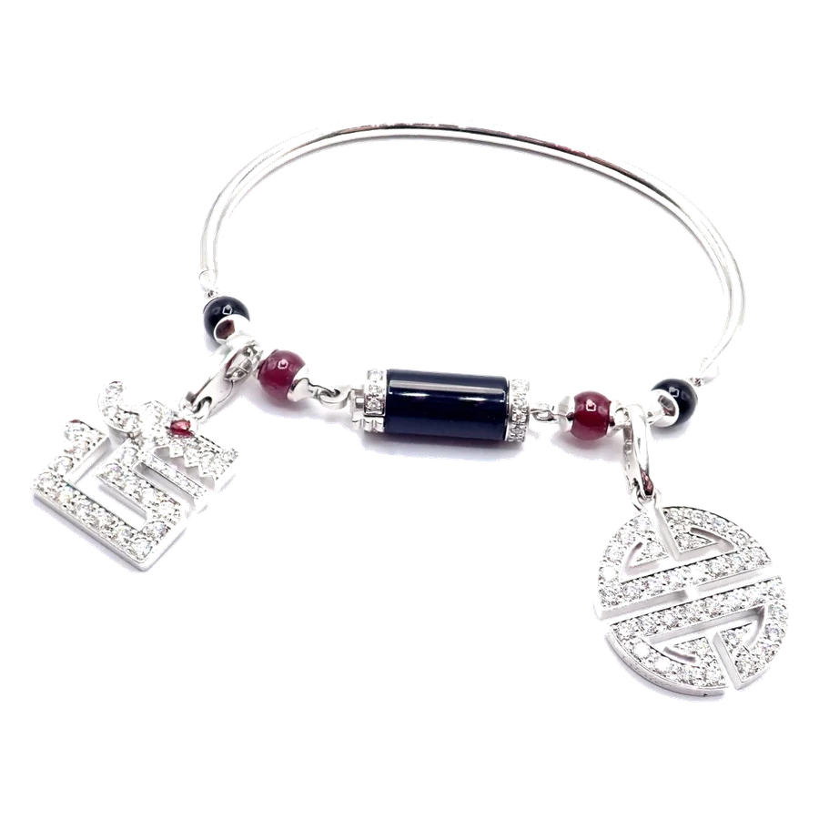 Cartier Le Baiser Du Dragon 18k Gold Diamond Ruby Onyx 2 Charms Bangle Bracelet