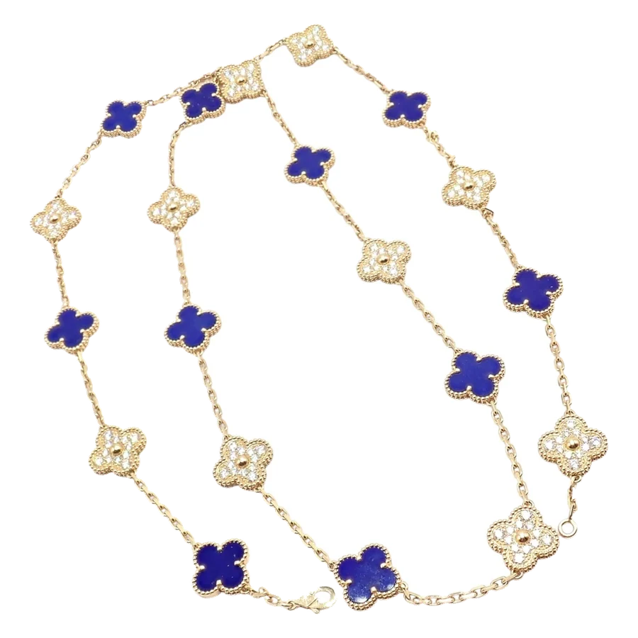 Van Cleef & Arpels 18k Yellow Gold 20 Motif Alhambra Diamond Lapis Necklace