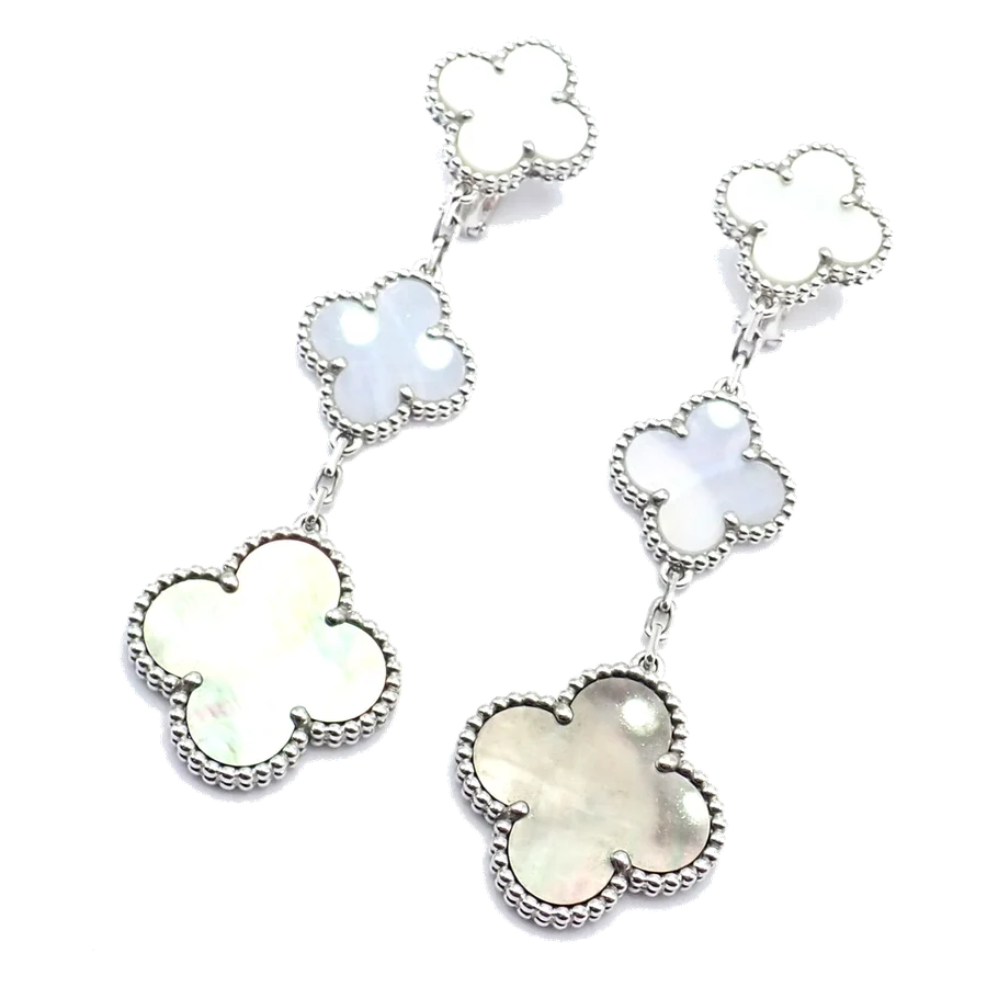 Van Cleef & Arpels 18k White Gold Magic Alhambra MOP Chalcedony Earrings Cert