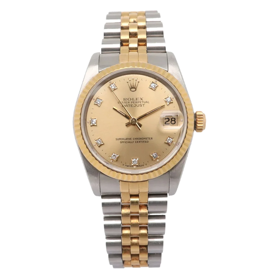 Rolex Datejust 31 18k Yellow Gold Steel Champagne Diamond Dial Watch 68273G