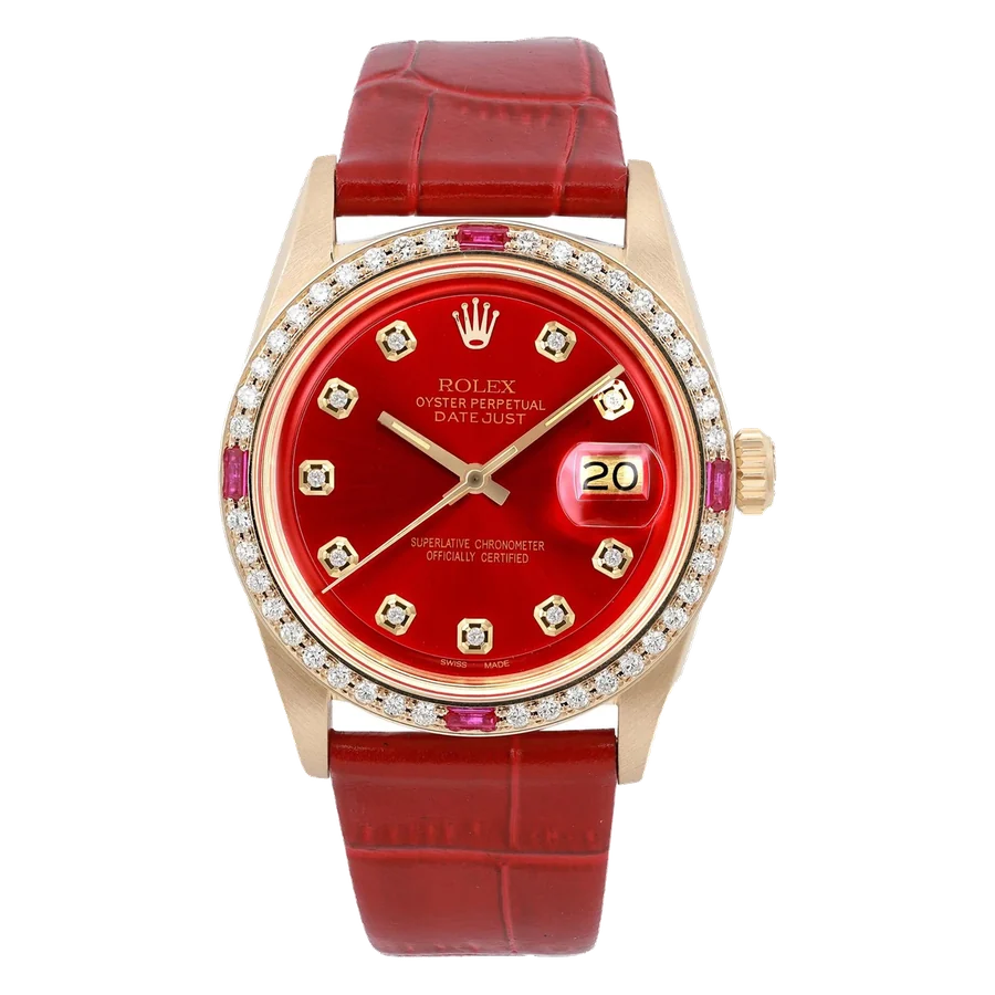 Rolex Datejust 18k Yellow Gold 36 Red Diamond Dial Custom Automatic Watch 1601