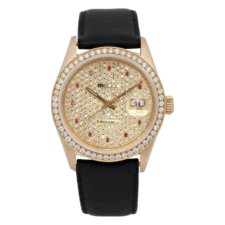 Rolex Datejust 36 18K Yellow Gold Custom Ruby Diamond Dial Watch 16238