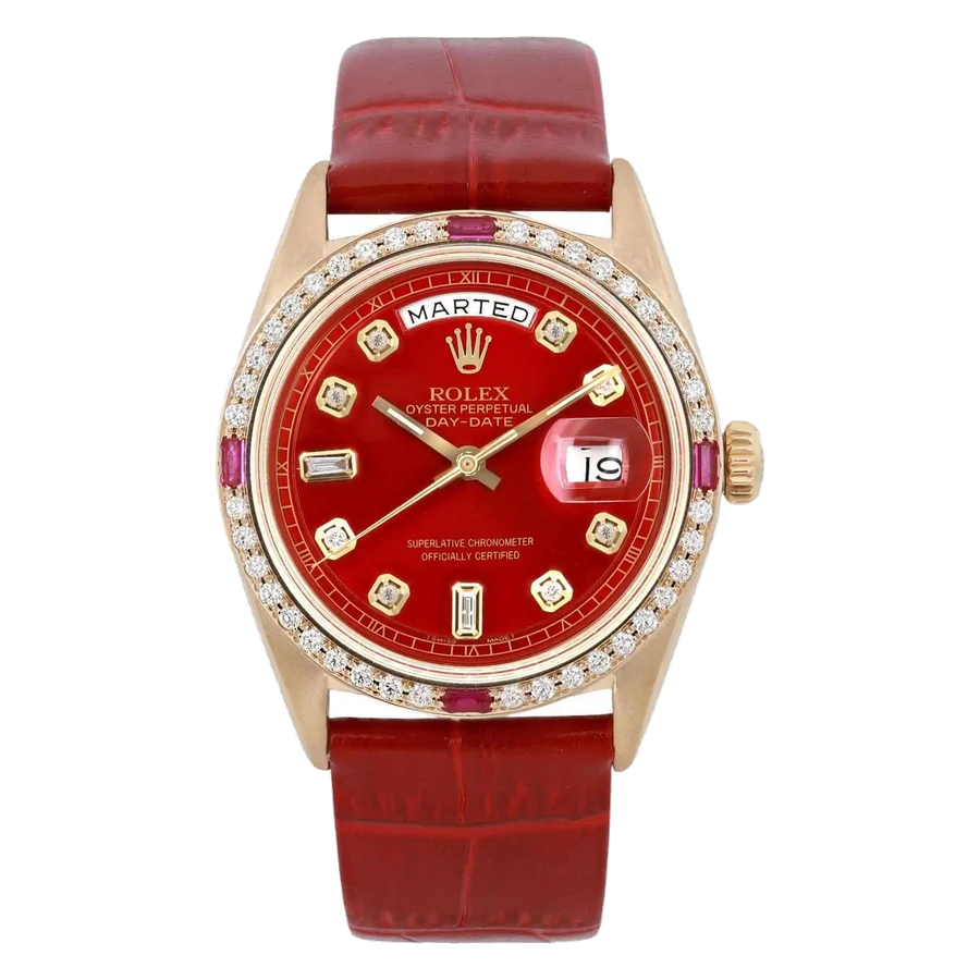 Rolex Day Date 18K Yellow Gold Red Custom Dial Diamond Watch 1803