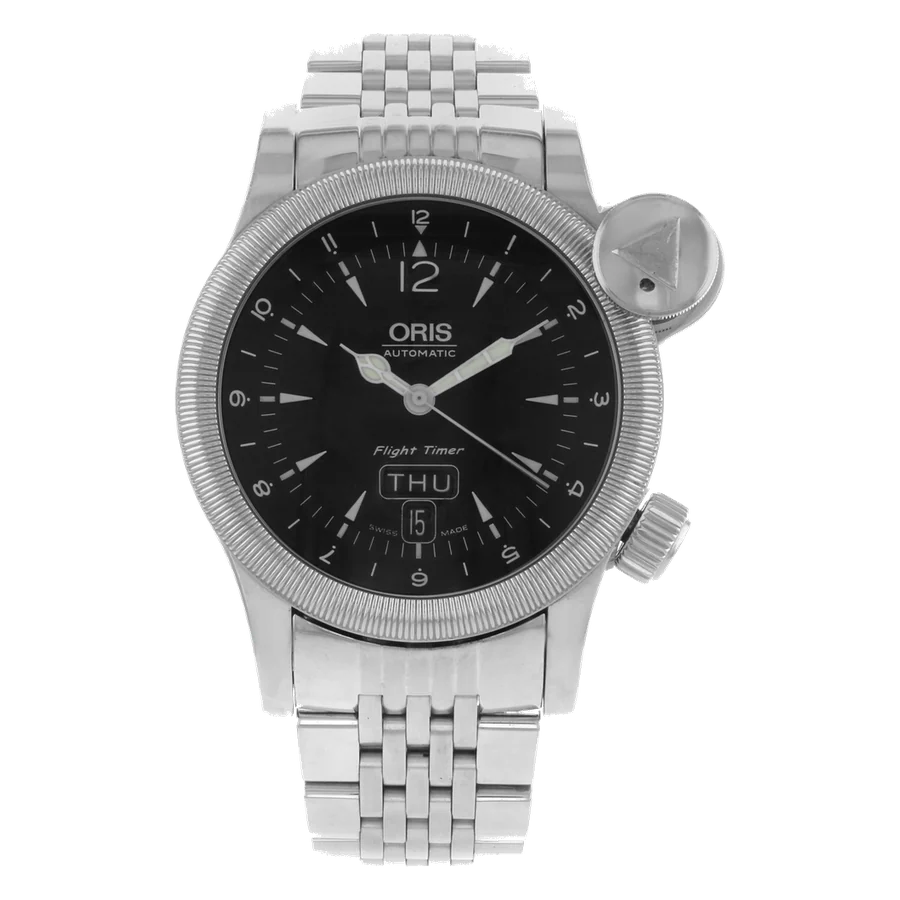Oris Flight Timer Black Dial Day Date Steel Automatic Mens Watch 63575684064