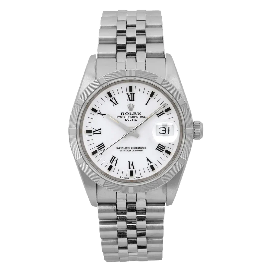 Rolex Date 34mm Engine Turned Steel White Dial Automatic Unisex Watch 15210