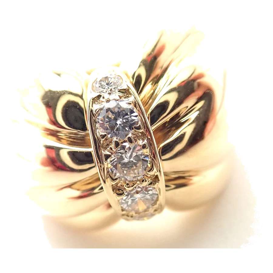 Authentic Van Cleef & Arpels 18k Yellow Gold Diamond Bow Design Band Ring