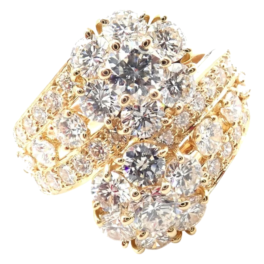 Van Cleef & Arpels Snowflake 18k Yellow Gold Diamond Two Flower Ring
