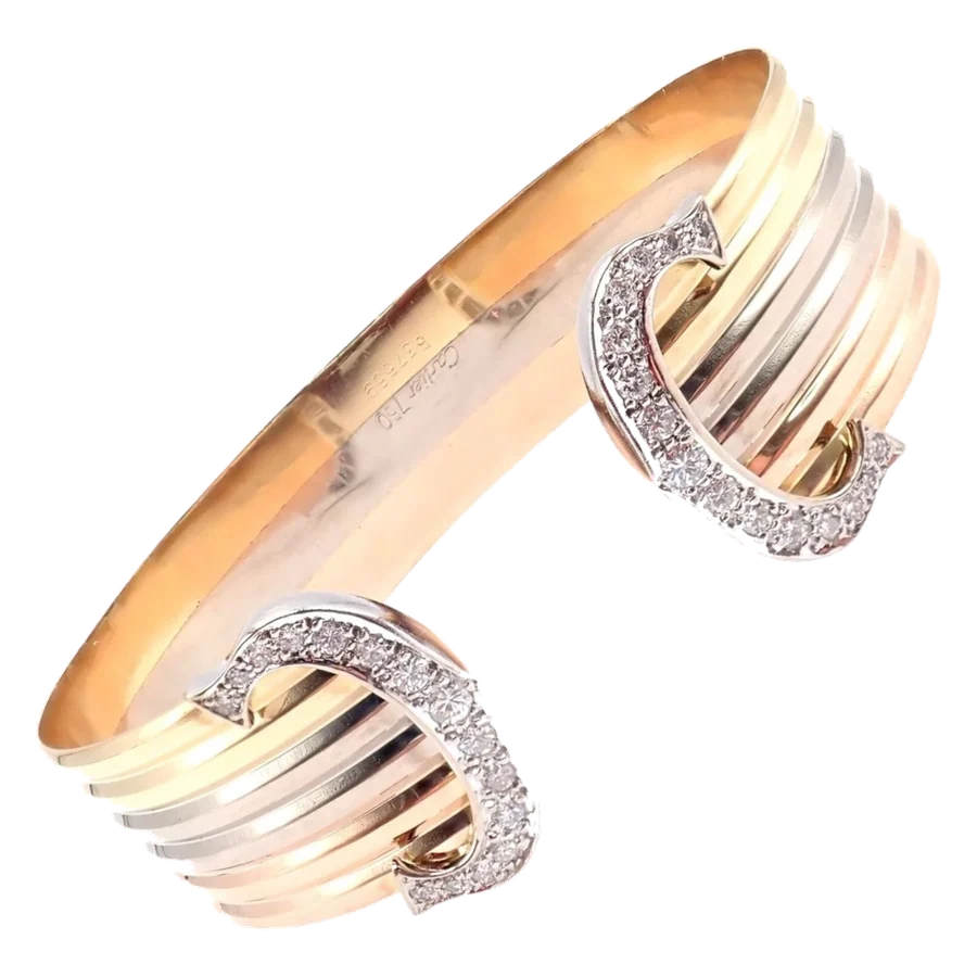 Cartier 18k Tri-Color Gold Diamond Double C Wide Cuff Bangle Bracelet