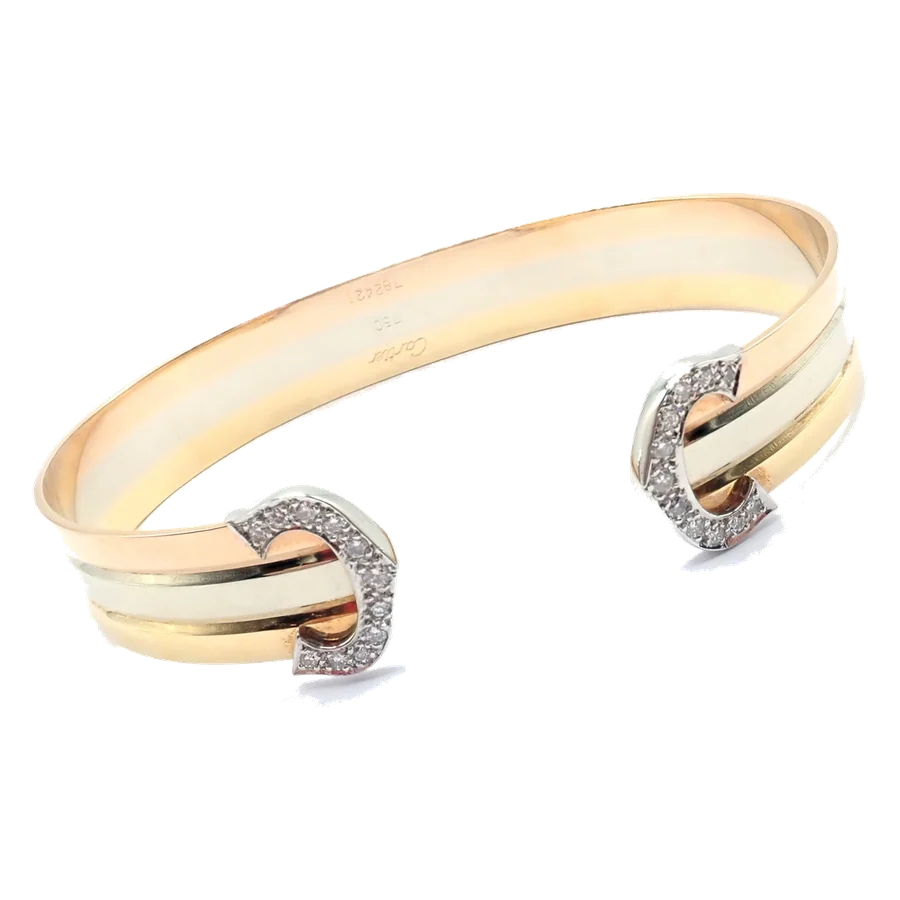 Cartier 18k Tri-Color Gold Diamond Double C Cuff Bangle Bracelet