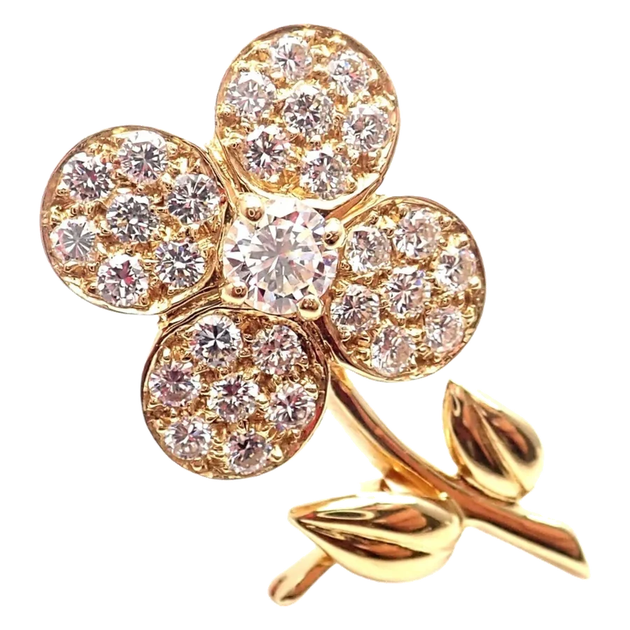 Authentic Van Cleef & Arpels Diamond 18k Yellow Gold Flower Pin Brooch