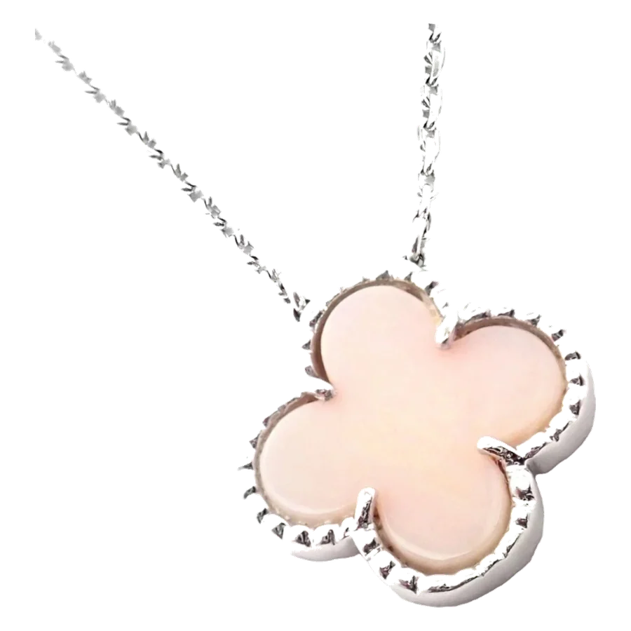 Van Cleef & Arpels Alhambra 18k White Gold Pink Opal Necklace Cert