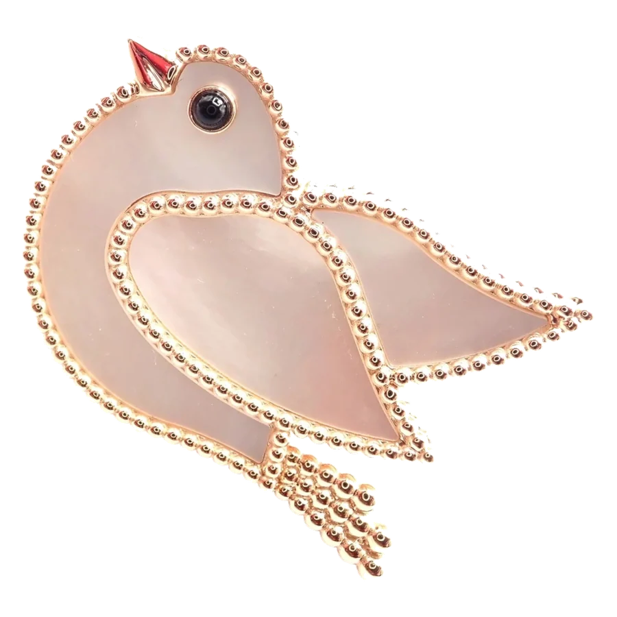 Van Cleef & Arpels Lucky Animals Dove 18k Rose Gold MOP Onyx Brooch Cert